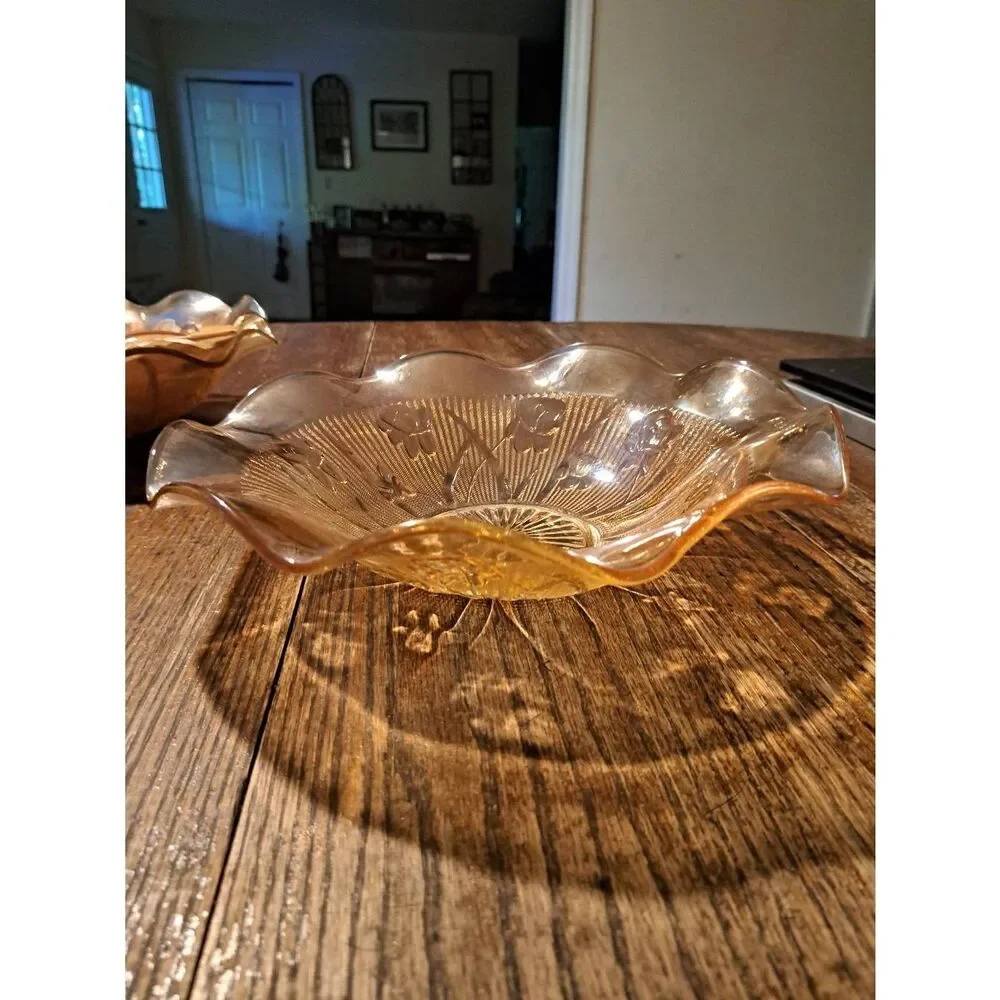 Vintage Jeanette Iris Herringbone Marigold Carnival Glass Ruffled Serving Bowl